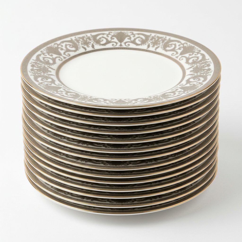 Assiettes blanches à arabesques et liseré doré