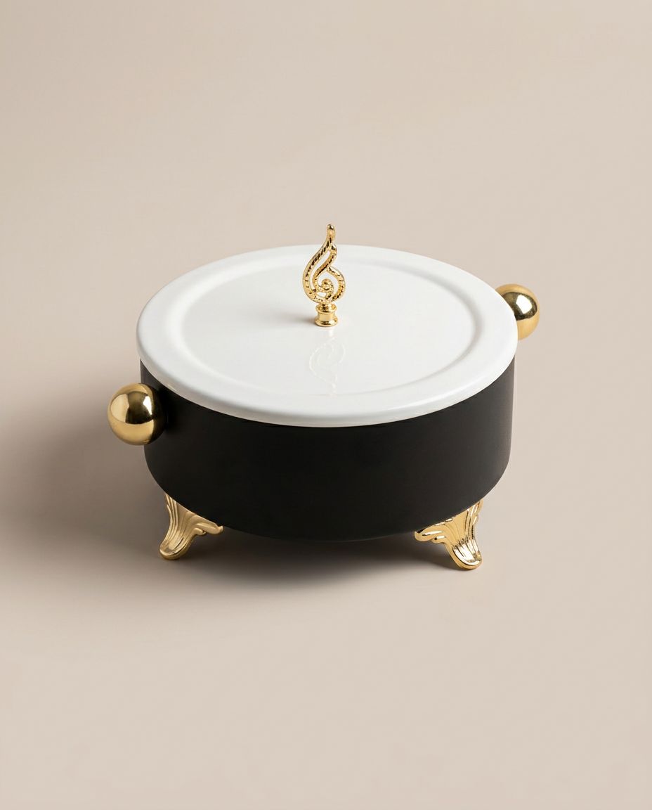 Cocotte de service noire, blanche et dorée