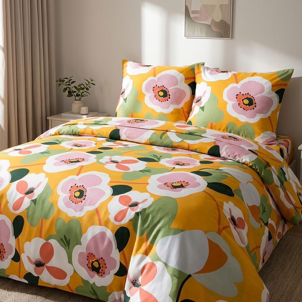 Parure à fleurs roses et orange sur fond jaune — 4 pièces