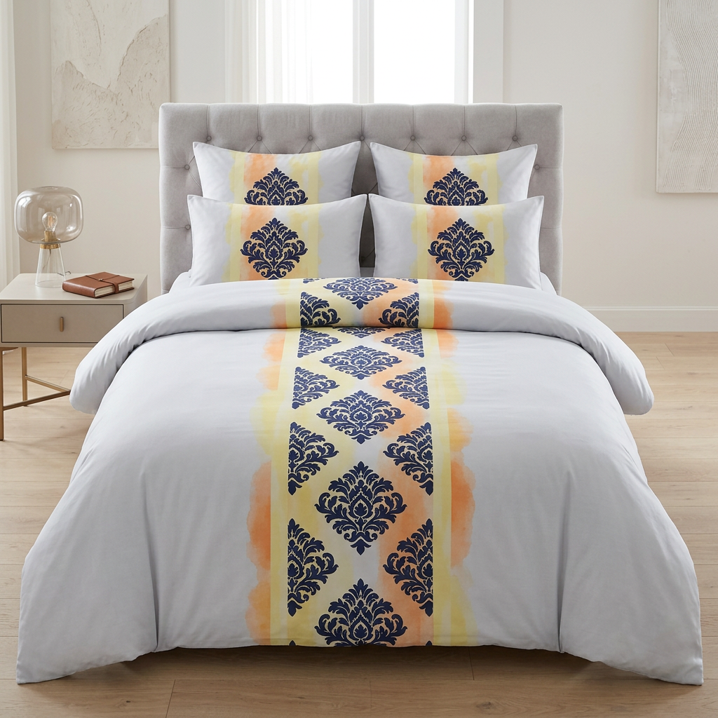 Parure de couette MADAME DECO damassée gris et jaune