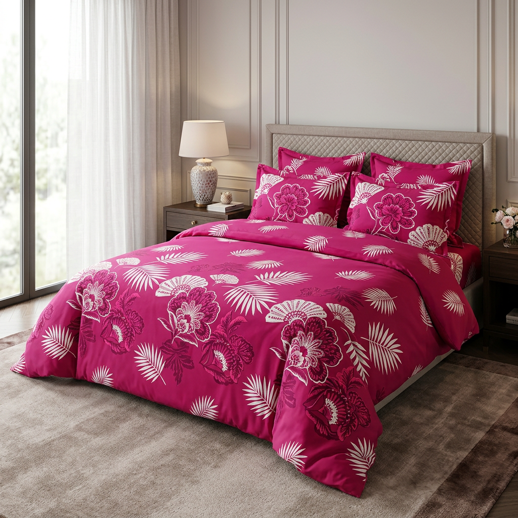 Parure de couette MADAME DECO fuchsia à palmes