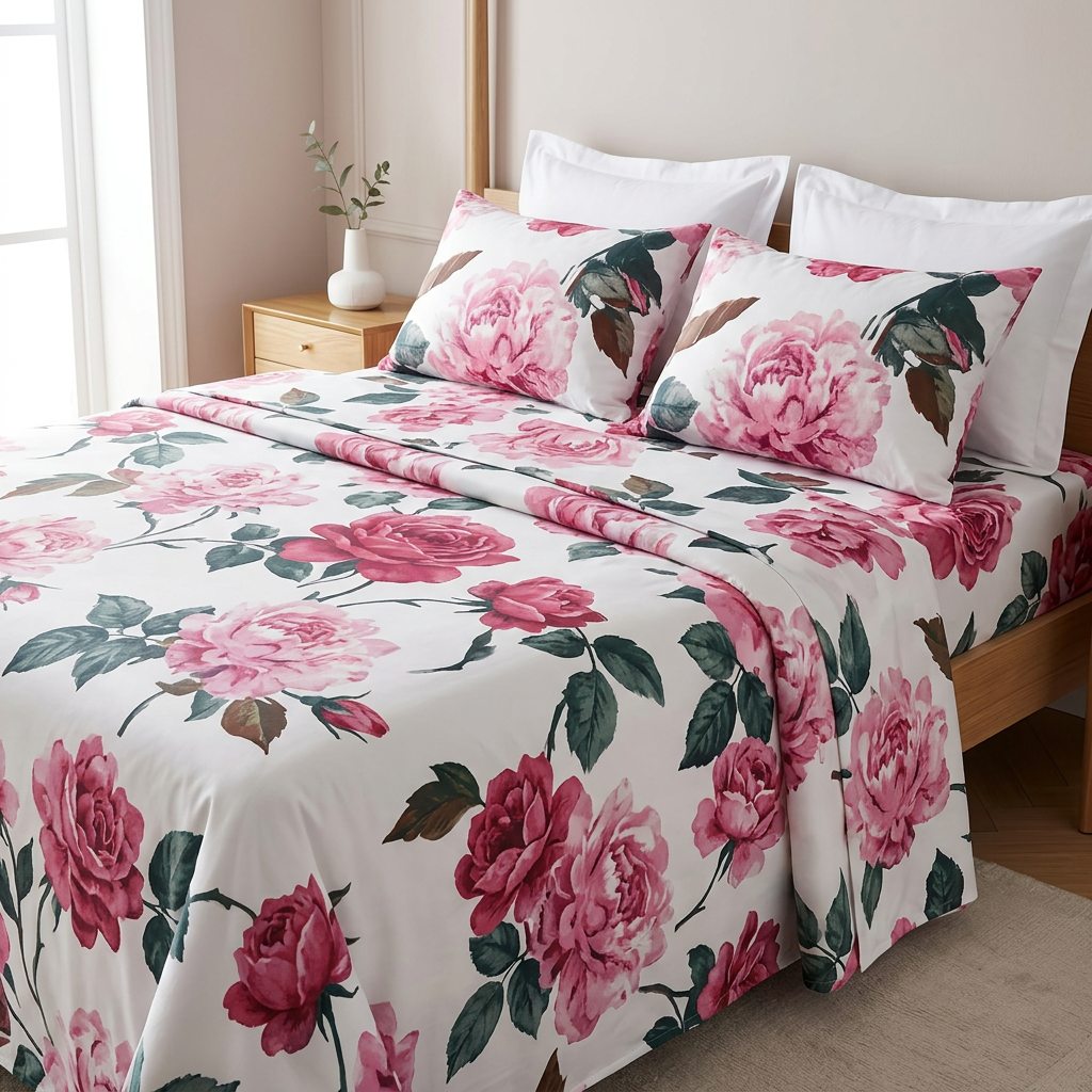 Parure PRADIER HOME à grandes roses roses — 4 pièces
